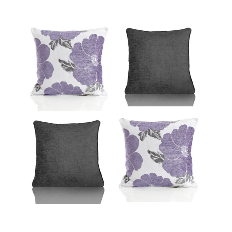 Darionte Poppy Chenille Cushion Cover with Filler Pad, 45 cmH x 45 cmW, Purple/Charcoal