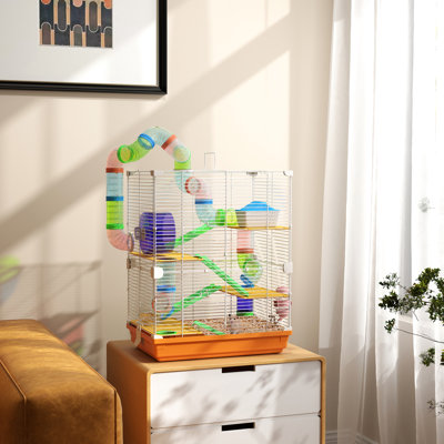 Habitat gerbille orange à 5 niveaux avec tubes, tunnels, poignée portative, plat de nourriture, bouteille d'eau, roue d'exercice pour petits hamsters et animaux en cage