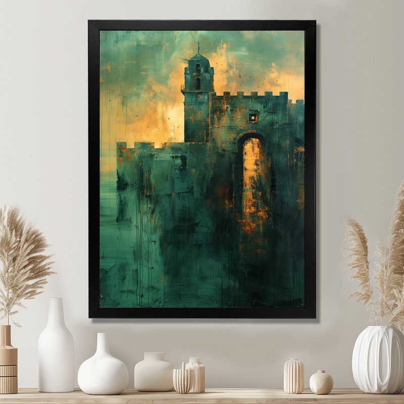 Décoration murale château fort vert et jaune - Forteresses, Toile encadrée noire simple, H 20 po x l 12 po x P 1 po