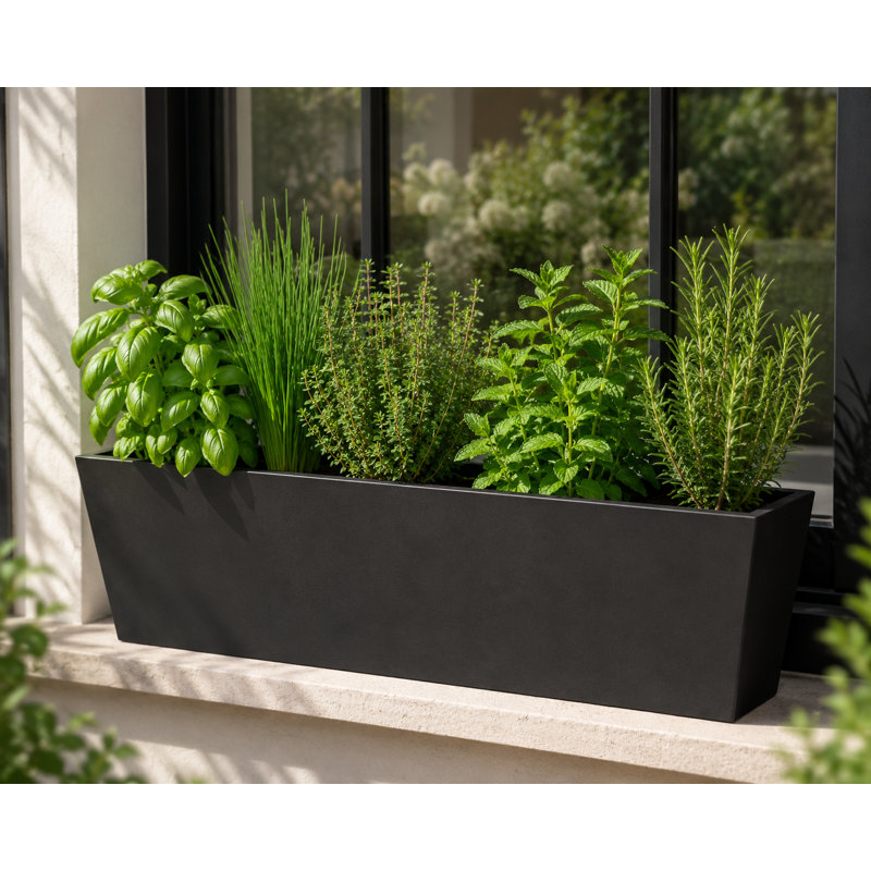 Isla Trough Planter Pot, Concrete Effect Pot, Indoor and Outdoor Large Plant Pot with Drainage Hole, 40cm H x 25cm W x 79cm D
