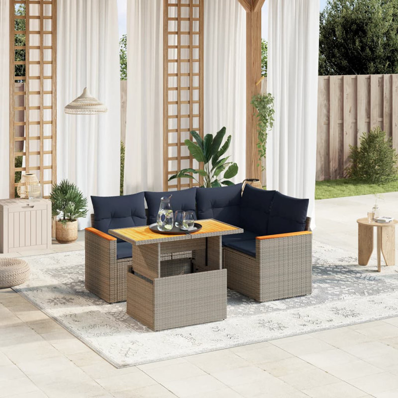  Ensemble de canapé de patio 5 pièces avec coussins en rotin de polyester, Gris, Bleu