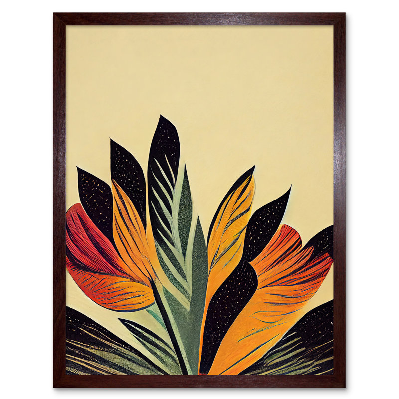 Abstract Retro Art Nouveau Flowers Bloom - Print, Brown Framed Paper, 43cm H x 33cm W