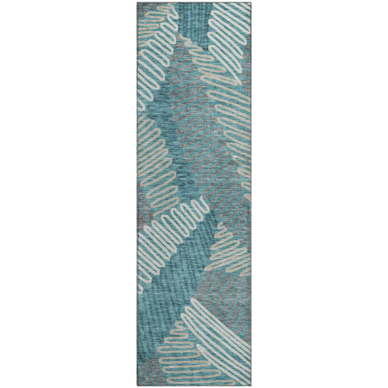 Premium Machine Washable Prisco Teal Rug, Runner 2'3" x 7'6"
