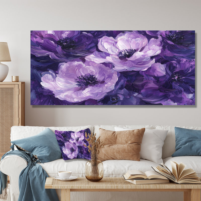 Pivoines mauves, danse de l'élégance I - pivoines, art mural, H 28 po x l 60 po, Toile tendue