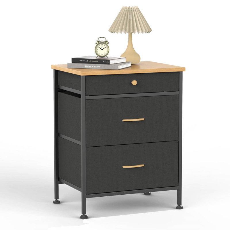 Nightstand, Small Dresser, Bedside Furniture, Night Stand End Table with 3 Fabric Drawers for Bedroom, Leather Finish & Wood Top