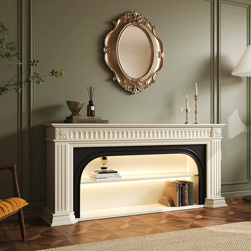 Foyer en bois massif beige et noir, H 29,53 po x l 94,49 po x P 13,78 po