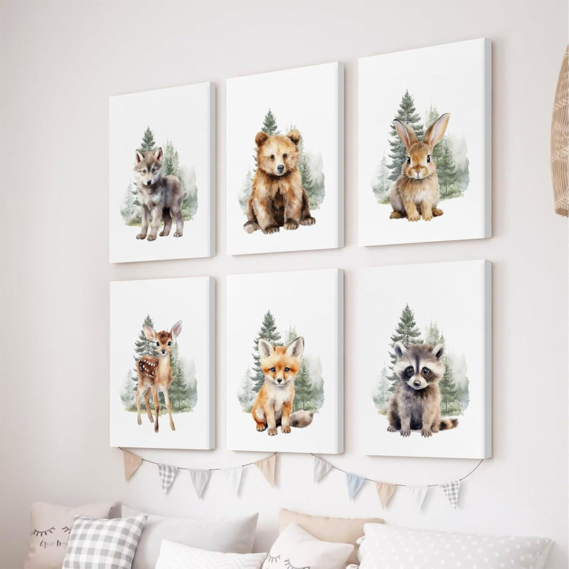 Woodland Animal Nursery Wall Art Decor Set Of 6 Baby Room Wall Art Forest Animal Canvas Wall Decor Kids Art Prints Watercolor Bear Deer Fox Pictures Artwork For Bedroom 8X10 Inch Framed