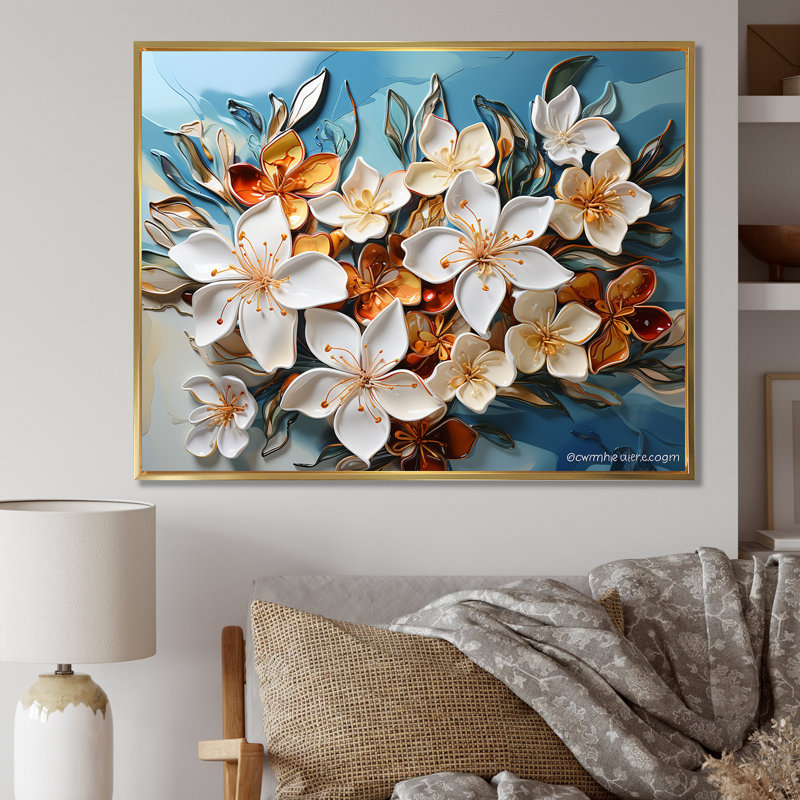 " White Plumeria Liquid Art Flower Field ", Floater Framed Gold, 16" H x 32" W