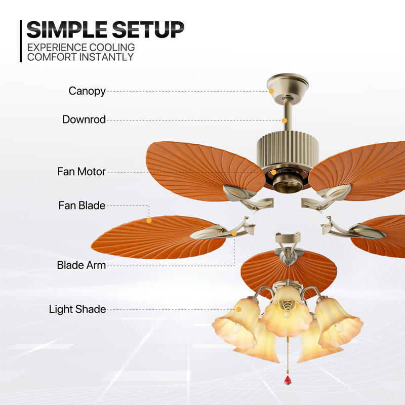 Golden Polished Tropical Ceiling Fan with LED Lights and Remote