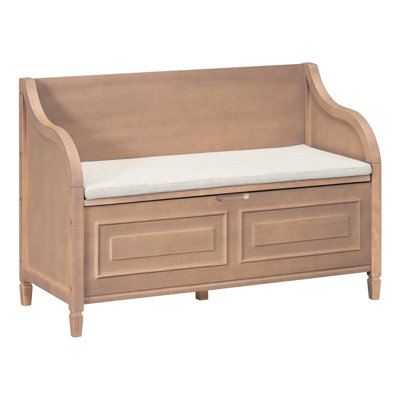 Rustic Solid Wood Entryway Storage Bench with Safety Hinge and Beige Cushion