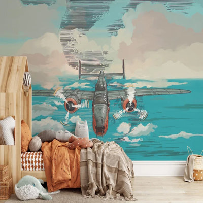 Vintage Airplane Wall Mural, Teal Sky Aviation Kids Wallpaper, Retro Aircraft Cloud Pattern Nursery Bedroom Decor, Removable Peel And Stick Wall Art