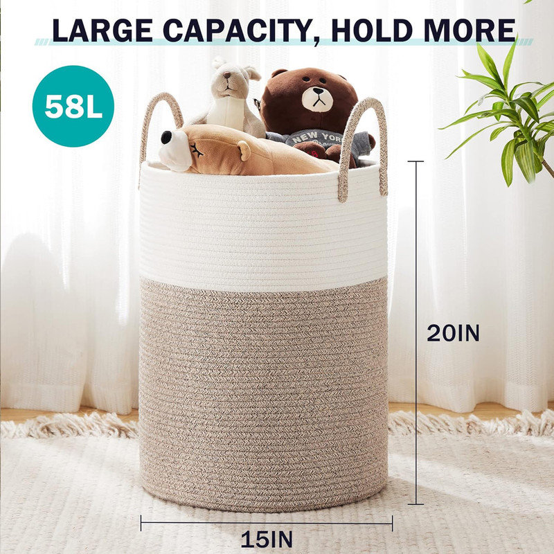 Fabric Laundry Hamper with Handles, White/Brown