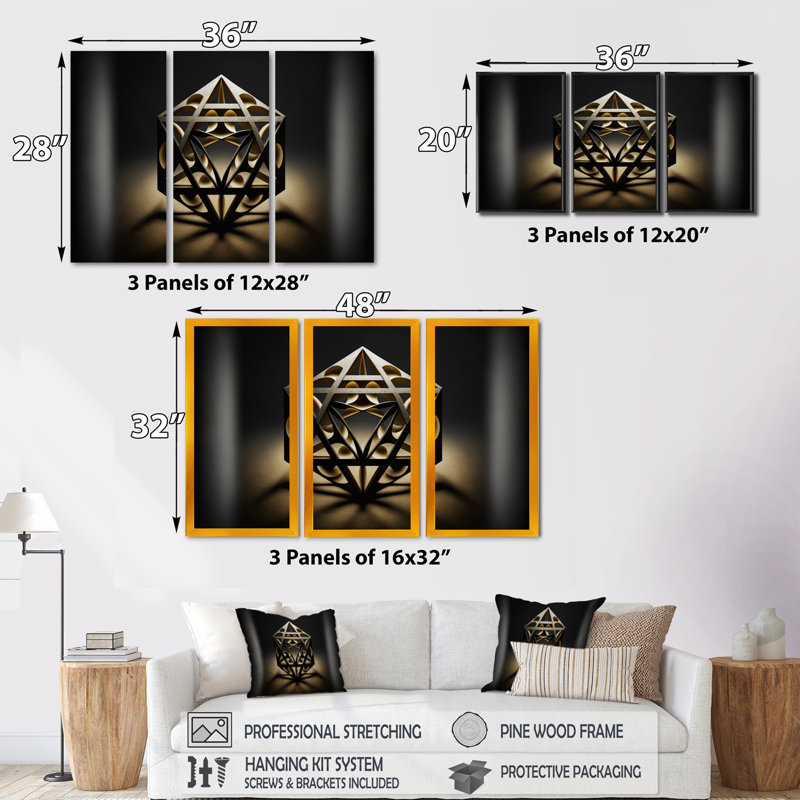 Monochromie sacrée géométrie II - 3 pièces sur toile, H 20 po x l 36 po x P 1 po, Toile naturelle avec cadre flottant