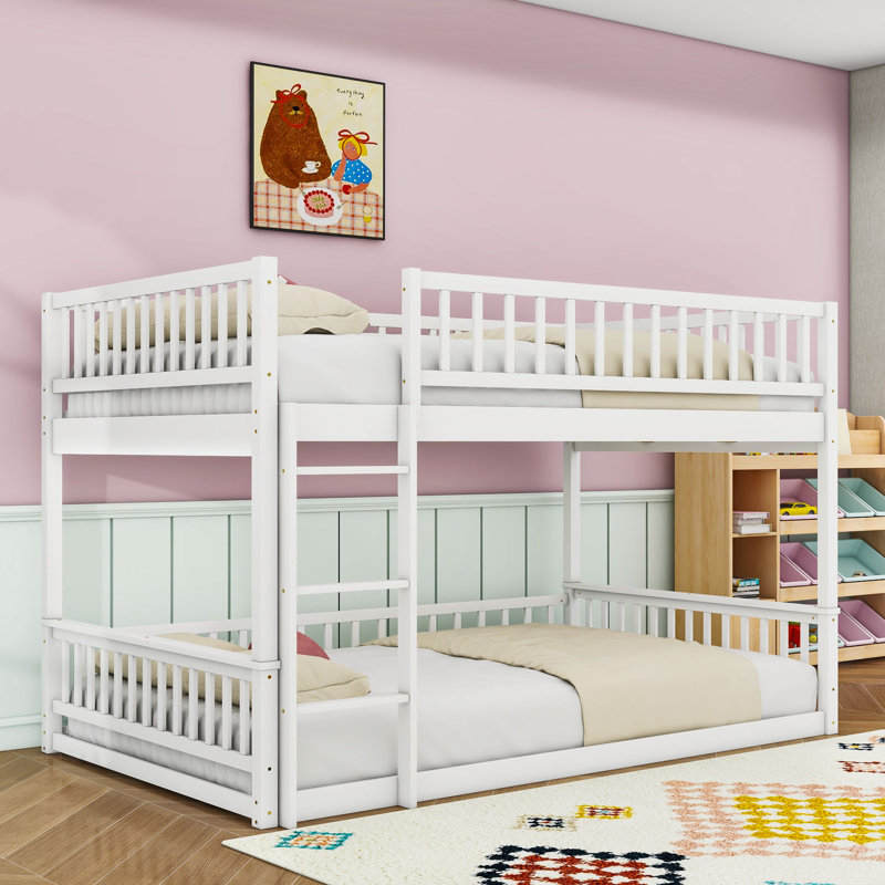 Wood Queen Over Queen Bunk Bed With Ladder And Guardrails, Splitable Into 2 Beds, White