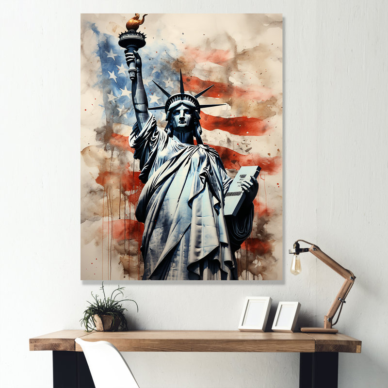 Reproduction d'art sur toile rétro Statue of Liberty - drapeau États-Unis, Toile tendue, H 32 po x l 24 po x P 1 po