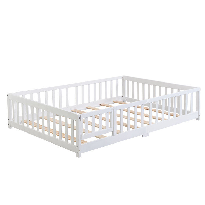 Lit grand format avec porte, cadre de lit plateforme en bois massif avec clôture, convient aux enfants, bois de pin, Blanc