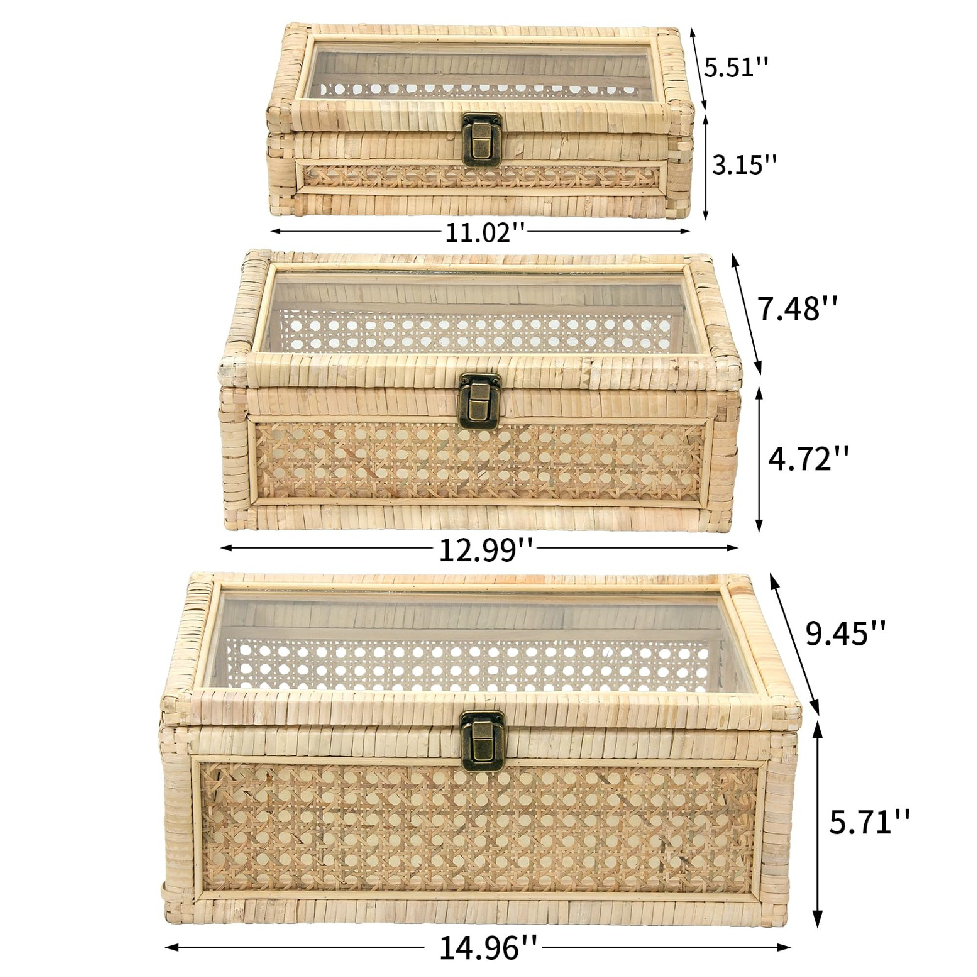 Bay Isle Home™ Set Of 3 Rattan Decorative Boxes With Glass Lids ...