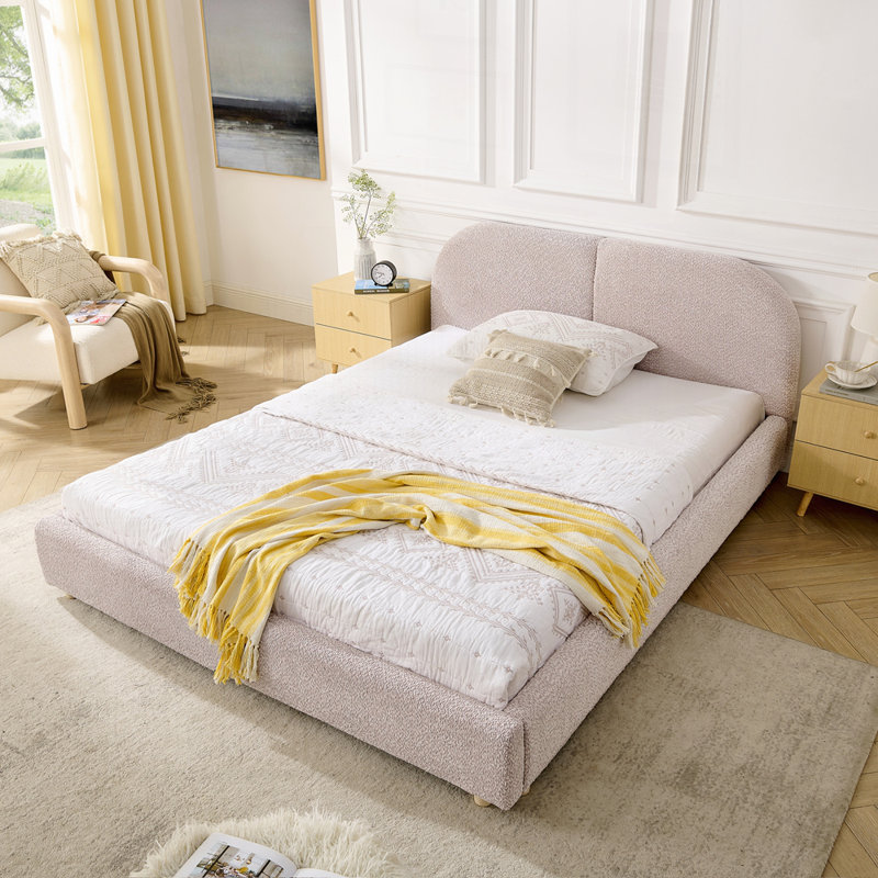 Structure de lit rembourrée de style minimaliste moderne avec une grande tête de lit courbée, Grand lit, Rose