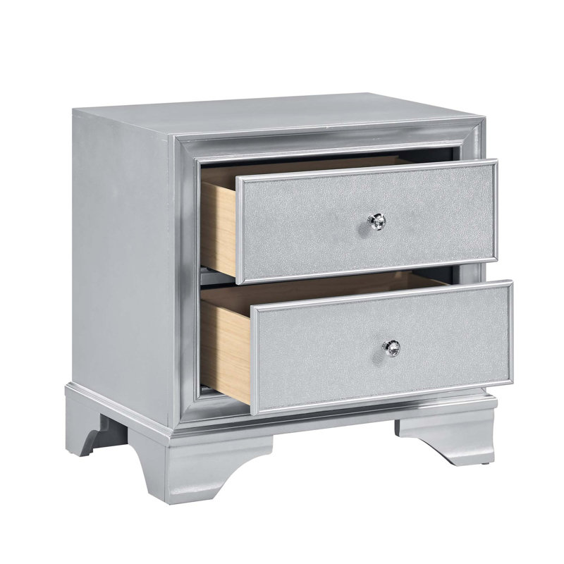 Table de chevet 2 tiroirs avec rangement à finition argentée pour meubles de chambre à coucher contemporains