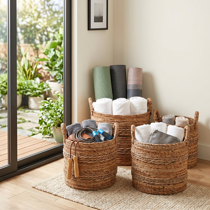 Paniers décoratifs tissés ronds avec poignées pour le rangement domestique - Rangement polyvalent moderne pour la chambre à coucher - Ensemble de 4, 19 po, 18 po, 16 po, brun