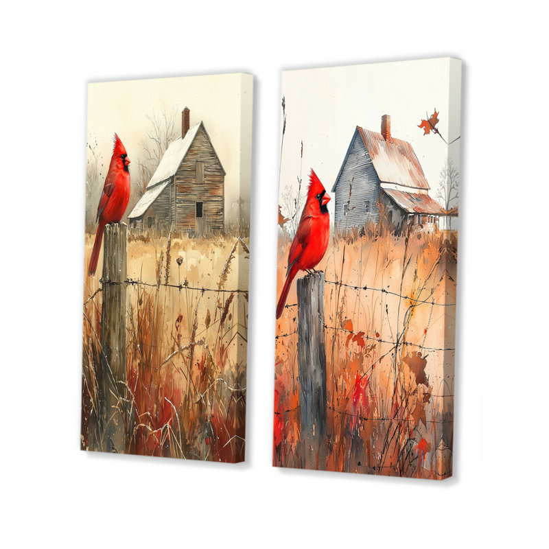 Cardinal Bird par The Farmhouse I - Collection d'art mural animaux 2 pièces, H 28 po x l 25 po, Toile tendue