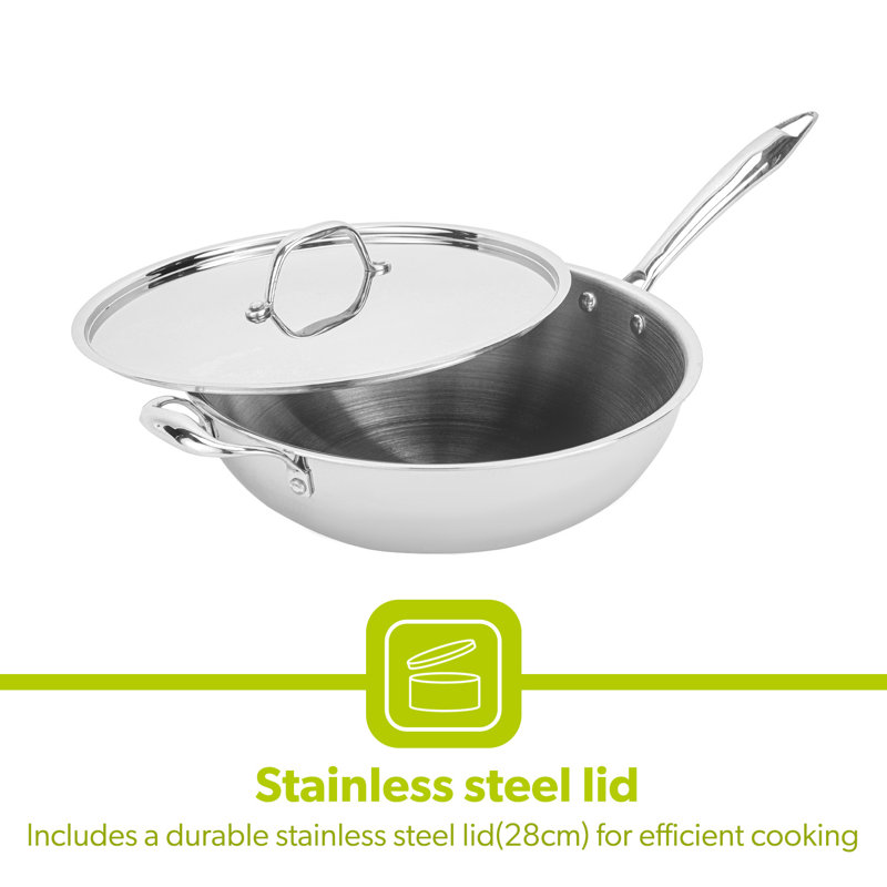 Royalford Triply Stainless-Steel Wok Pan with Lid, 26cm