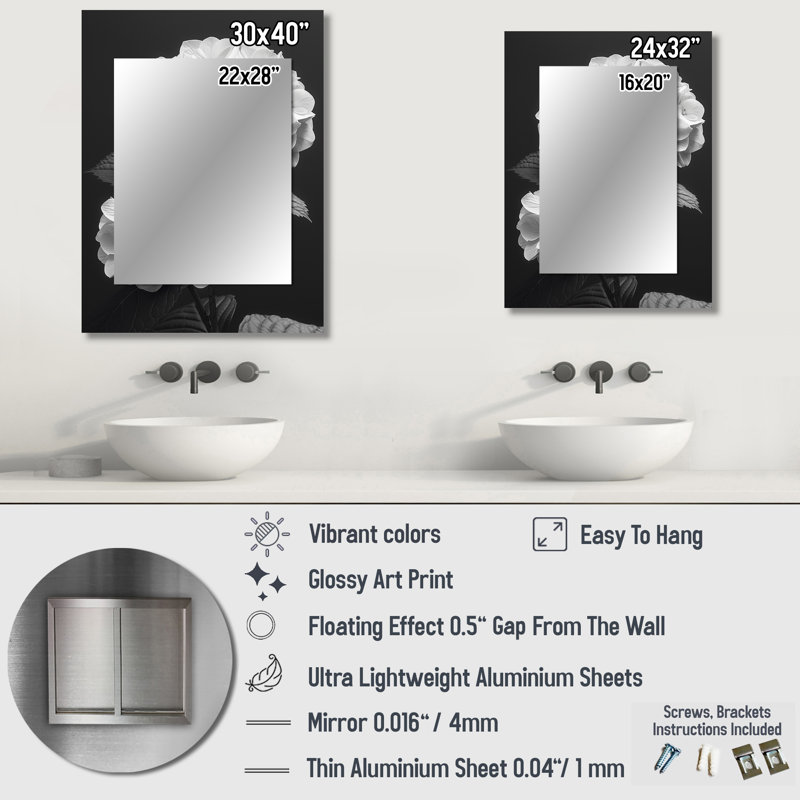 Monochromes noir et blanc hydrangea Botanical Bea - hydrangea, miroir mural unique, 32 po x 24 po