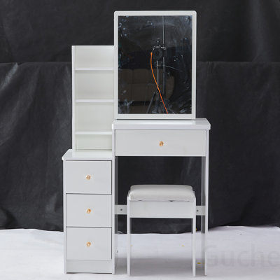 Ensemble de coiffeuse compact et pratique avec très grand miroir coulissant et rangement multicouche pour les petits espaces