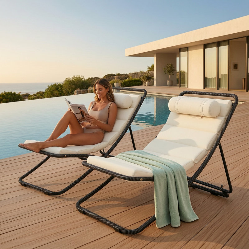Chaise pliante d'extérieur 2 pièces avec coussin épais et appui-tête amovible, Black