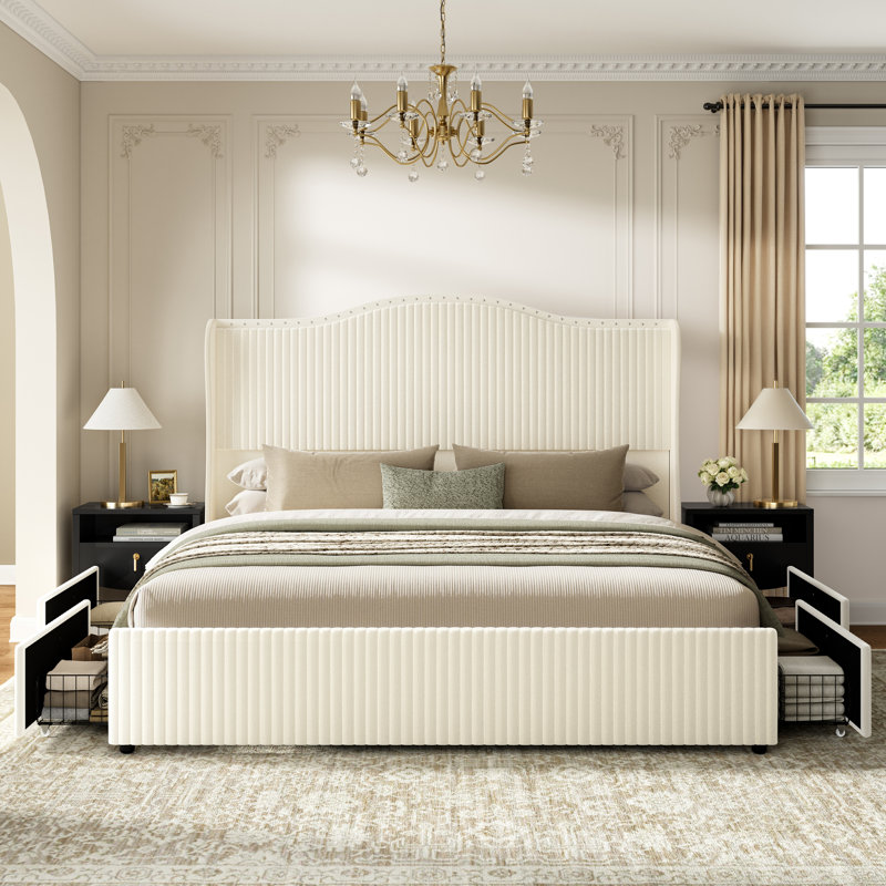 Upholstered Wingback Bed with 4 Storage Drawers & 54" Tall Headboard, No Spring Box Needed, Easy Assembly, Beige, King