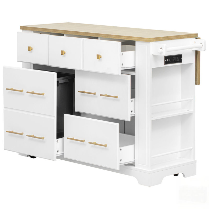 Rolling Kitchen Island With 6 Drawers, Pull Out Trash Can, Drop Leaf, Power Outlet, And 5 Open Side Racks For Efficient Storage And Mobility
