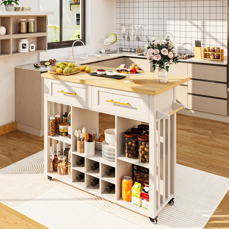 L Modern Rolling Kitchen Island With Drop Leaf Countertop And Wine  Rack, Wooden Kitchen Cart With Storage Drawers And Towel Rack