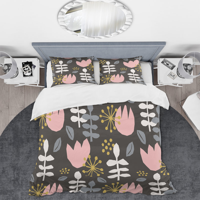 Fleurs roses rétro avec feuilles blanches - Ensemble de housse de couette bohémien - Polyester en microfibre