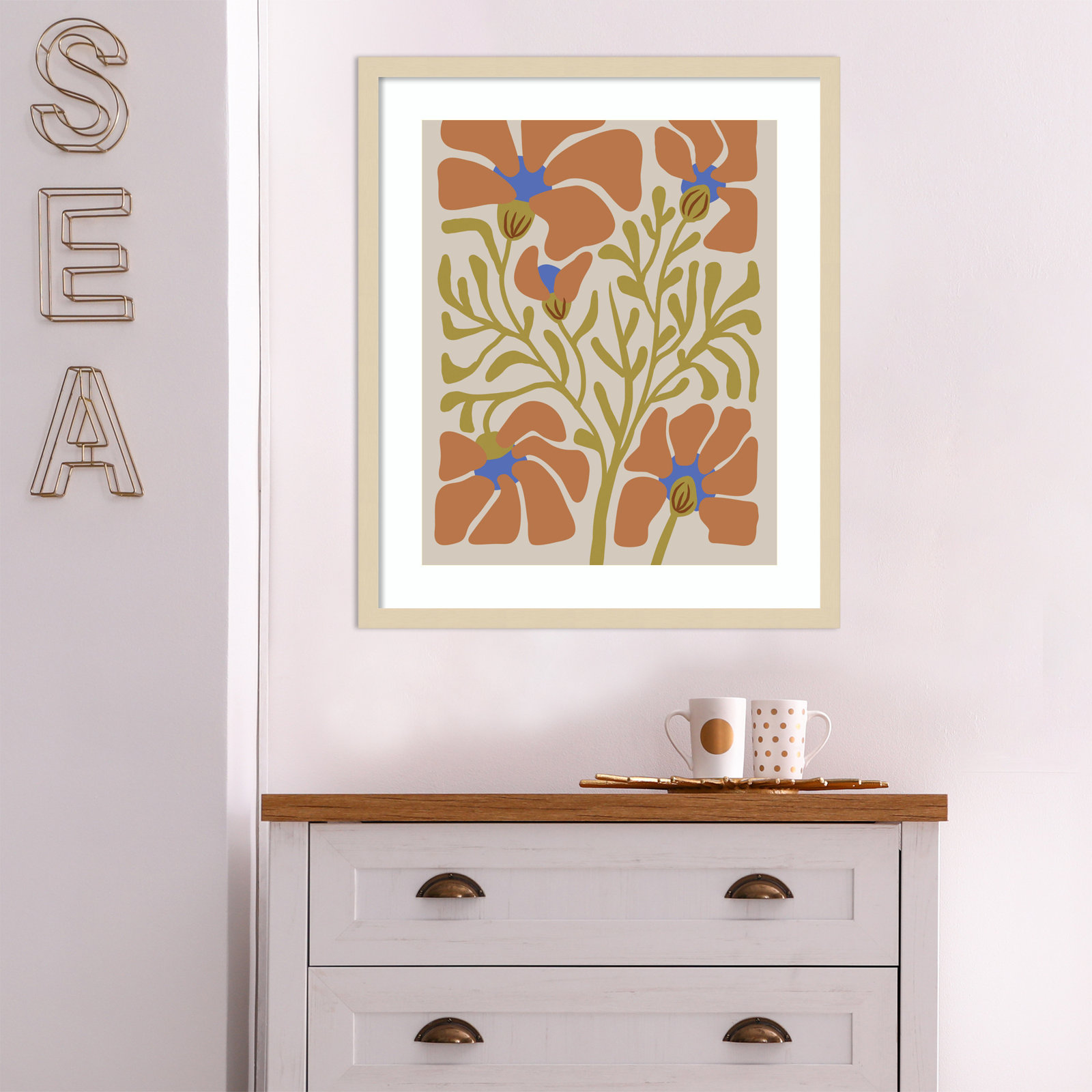 Expressive Abstract House Plant Orange On Tan Framed On Paper by The Creative Bunch Studio Print, Brown, 25" H x 21" W x 1" D