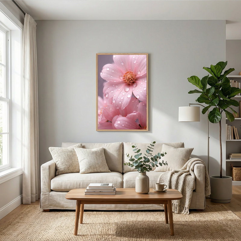 Toile rose avec gouttelettes d'eau sur pétales, H 48 po x l 32 po