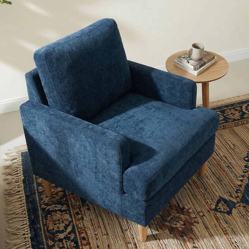 Accent Chair With Solid Wood Legs, Blue Chenille