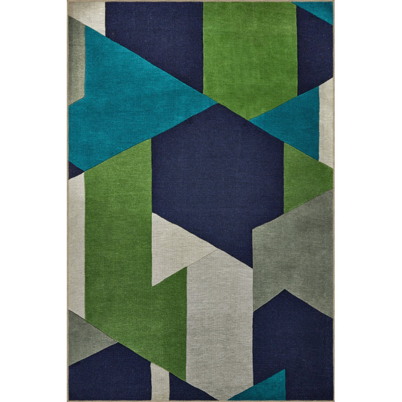 Green-Blue Themed Geometric Patterned Creative Modern Decorative Rug, Rectangle 3 pi 3 po x 6 pi 6 po