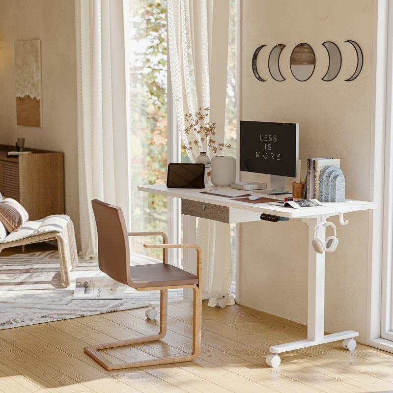 Bureau debout à hauteur ajustable avec tiroir, Blanc, H 27 po x l 63 po x P 24 po