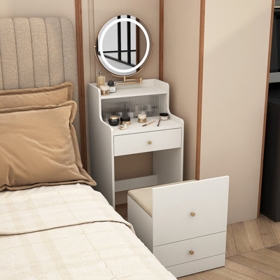 Ensemble de coiffeuse 3 en 1 avec miroir et lumière, petit ensemble de coiffeuse avec station de recharge, 2 tiroirs et espace de rangement ouvert, avec tabouret rembourré, bureau de coiffeuse compact