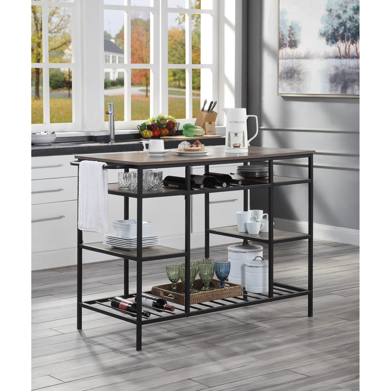 Rectangular Black And Oak Kitchen Island With Paper Top Rustic Style Powder Coated Metal Veneer