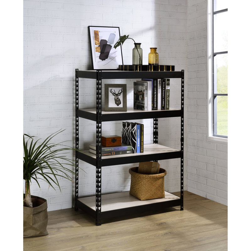Bibliothèque à 4 niveaux, naturelle et noire, rectangulaire avec structure ouverte en métal, tablettes réglables, bibliothèque industrielle, finition noire, cadre de bibliothèque et tablettes