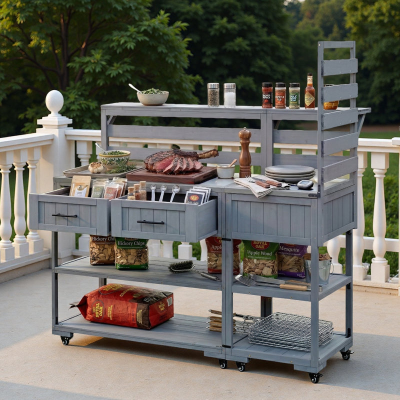 Îlot de cuisine pour patio avec plateau en acier inoxydable, tablette surélevée, tiroirs et tablettes ouvertes, Gris