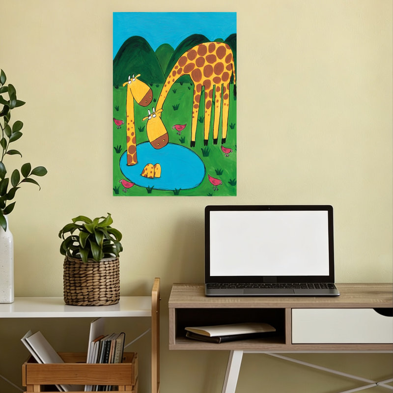 Playful Giraffes Drinking Playful Contemporary Bird Giraffe Nature Wildlife Wall Art Print by Carla Daly - Wrapped Canvas Print