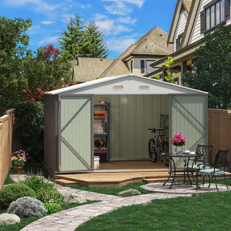 Outdoor Garden Metal Storage Shed with Lockable Double Doors, 76.4" H x 125.5" W x 103" D, Gray