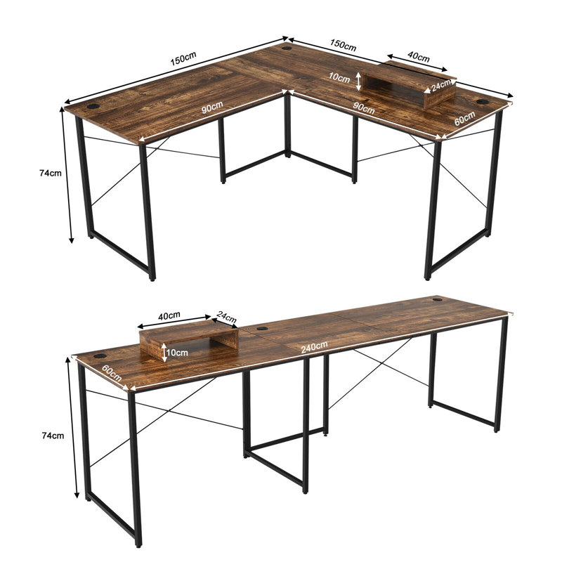 Aatto L-Shaped Steel Computer Desk, Brown