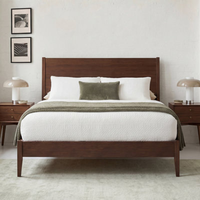 Mid-Century Modern Solid Bamboo Wood Queen Size Sled Platform Bed Frame with Wood Slats and Metal Support, No Box Spring Needed, Easy Assembly