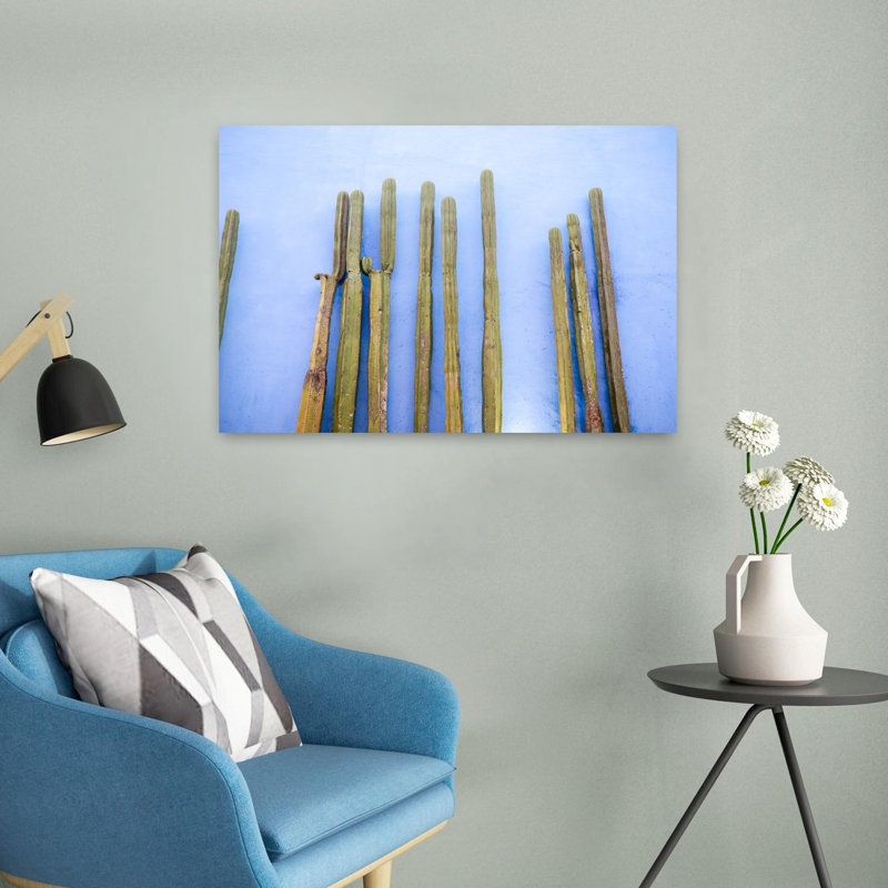 Tall Cacti on Blue | Oaxaca Mexico Travel Colorful Abstract Contemporary Cactus City Landscape Wall Art Print 1 Piece Wrapped Canvas Wall Art