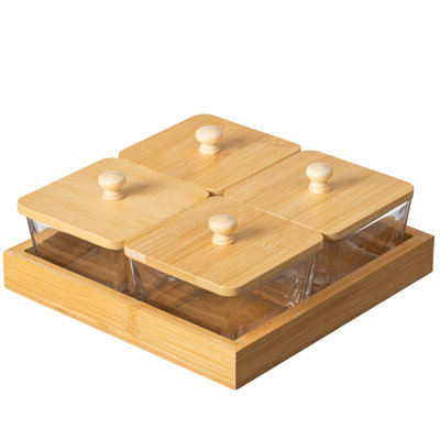 Set Of 4 Square Glass Jars With Bamboo Lids And Wooden Tray - Square Charcuterie, Snack Organizer And Fruit Platter For Party, Candy Jars, Cookies, Nuts, Fruits And Snack Box