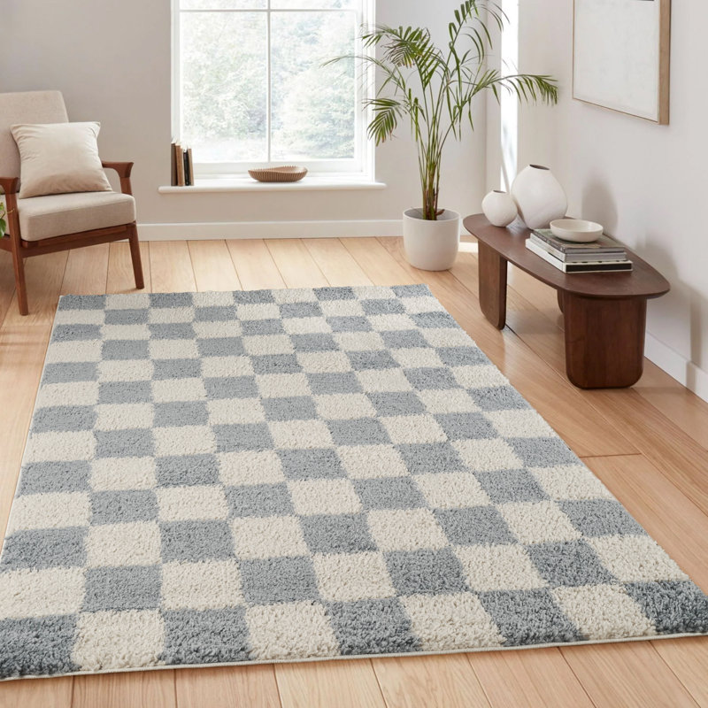 Chester Living Room Shaggy Area Rug Modern - Contemporary Checkered Design 30Mm Plush Pile Jute Backing Soft Woven Carpet -Hallway Indoor Rug, Duck Egg Blue