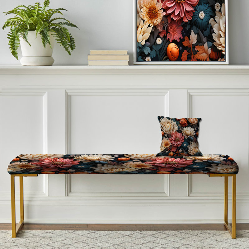 Upholstered Gold Bench, Blue Poppies